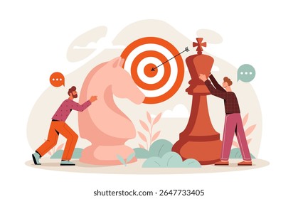 Two men move giant chess pieces toward a target with an arrow in the center, flat style on white background. Concept of strategic planning and teamwork. Vector illustration
