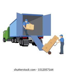 The two men in the Moving service load boxes in a truck. Worker in uniform. Vector illustration isolated on white background