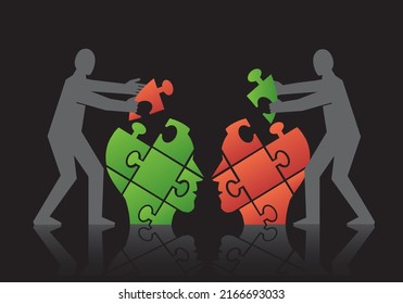 Two men, Mutual understanding and dialog, puzzle concept. 
Illustration of assembling a puzzle of dialog partner's head. Psychology of relationship concept. Vector available.