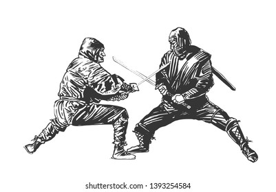 
Two men ninja in a battle. Drawing sketch. Vector