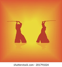 Two men are occupied with aikido on a yellow background