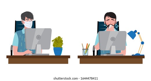 Two men in office. One with medical face protective mask, second sick and spreads germs. Concept of corona virus quarantine. Vector illustration.