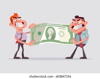 Two men office workers character divide money. Vector flat cartoon illustration