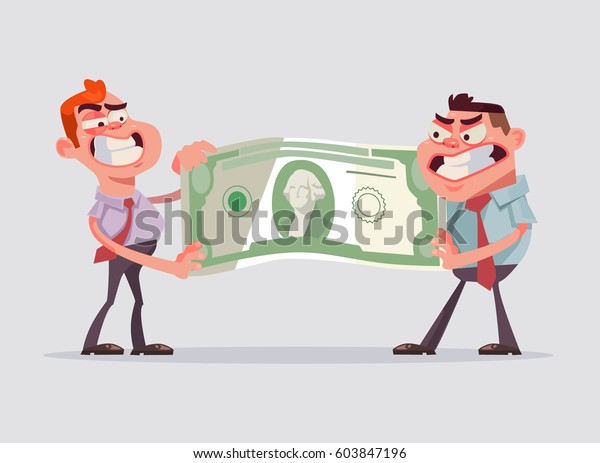 Two men office workers character divide\
money. Vector flat cartoon\
illustration