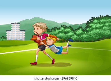 Two men on the field playing  baseball with one man trying to stop another one from winning 