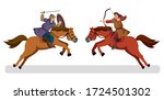 Two men on horses are fighting on the battlefield, archer and swordsman