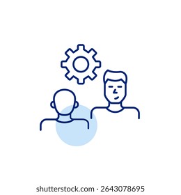Dois homens na entrevista ou conversa e roda dentada. Configurações colaborativas, gerenciamento de comunicações, configuração de entrevistas, otimização de diálogos, controle de interação do usuário. Pixel perfeito, s editável