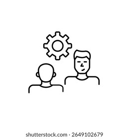 Dois homens na entrevista ou conversa e roda dentada. Configurações colaborativas, gerenciamento de comunicações, configuração de entrevistas, otimização de diálogos, controle de interação do usuário. Pixel perfeito, s editável