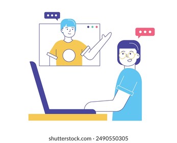 Two men on a video call, college friends discussing an assignment. Design character. Vector flat illustration