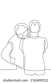 Two men one continuous line drawing of a black outline on a white background. A vector illustration of a man whispering something in his ear to another. Two men stand, gossipers