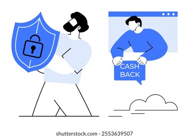 Two men, one holding a shield with a padlock symbol and another displaying a cashback sign. Ideal for financial security, online transactions, rewarding systems, online banking, and digital