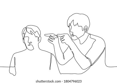 two men, one sitting and the other standing behind him and pointing at him with both forefingers. One continuous line drawing concept of shifting responsibility, choosing a new target