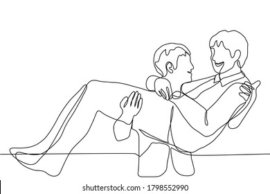 two men, one of whom holds the other in his arms (like a bride), both guys smile and look at each other. One continuous line art concept of male gay wedding, romantic and love gesture, friends