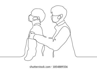two men, one of whom leaves and the other wants to keep him, both wearing masks. one line drawing relationship breakup, quarrel, turn away, cancel culture, cancellation