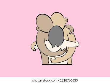 two men and one woman hugging tightly - threesome hugs - friendship and relationship concept illustrating togetherness and affection - plain pink background