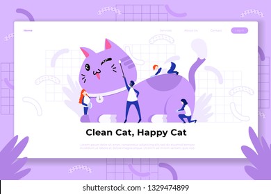 two men and one woman painting a cute and cute cat - All elements on this template are editable with vector software