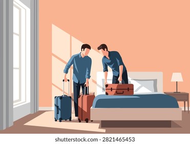 Two Men Packing Luggage in Sunlit Minimalist Bedroom for Vacation