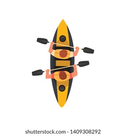 Two Men Paddling Double Kayak, Kayaking Water Sport, Outdoor Activities in Summertime, Top View Vector Illustration