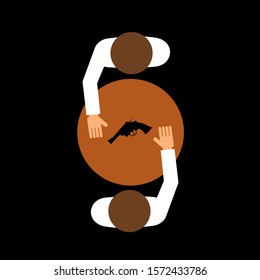 Two men are payling russian roulette game with rotating and spinning pistol, handgun and revolver - Dangerous and hazardous competition and duel. Vector illustration isolated on black.  