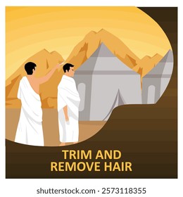 Two men Perform an important religious ritual of cutting their hair in front of a tent and nature backdrop, representing spiritual practices and religious traditions. Flat vector modern illustration