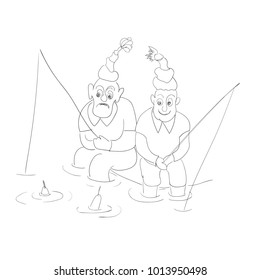 The two men Pessimist and Optimist are fishing. They sit on the shore with rods and look at the floats. Vector hand drawn sketch. 