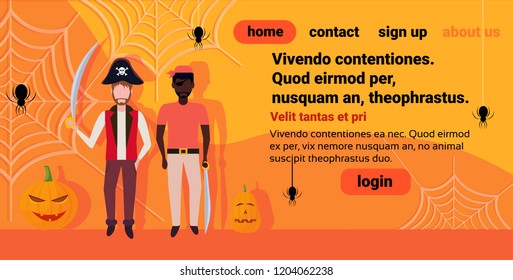 two men pirates costume holding sword spider web pumpkin decoration happy halloween concept male cartoon character full length horizontal copy space flat vector illustration