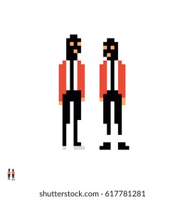 Two men pixel art style vector illustration, isolated on white background.