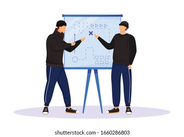 Two men planning criminal act flat color vector faceless character. Criminals preparing for attack. Robbers looking at map drawn on whiteboard. Isolated cartoon illustration. ZIP file contains