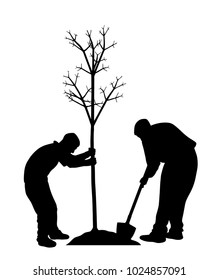 Dos hombres plantando un árbol. En el árbol de archivos vectoriales EPS y los trabajadores se separan.