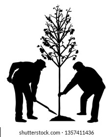 Two men planting a tree. In EPS vector file tree and worker on the right side are separated objects.