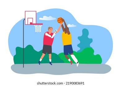 two men play basketball outdoor with artificial prosthetic arm and leg vector illustration