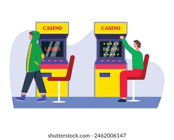 Two men play a slot machine, the losing man leaves and the winning one sits down raising his hands with excitement. Character design. Vector flat illustration