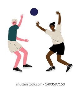 Two Men Playing Ball, Male Friendship, Friends Spending Time Together Vector Illustration