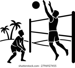 Two men playing beach volleyball on sunny tropical resort sport and recreation