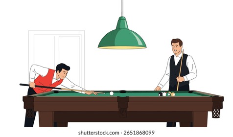 Two men playing billiards under a green lamp in a room