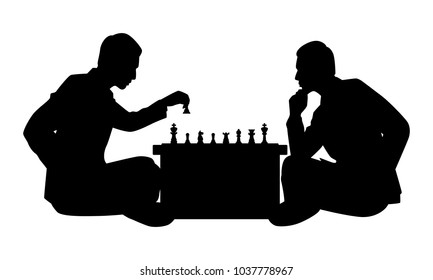 Two men are playing chess together silhouette vector