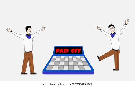 Dois homens estão jogando um jogo e um deles está prestes a pagar. O outro homem está parado na frente de um sinal de pagamento