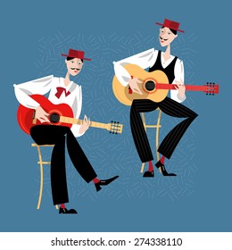 Two men playing a guitar. Spanish flamenco guitarists. Vector illustration