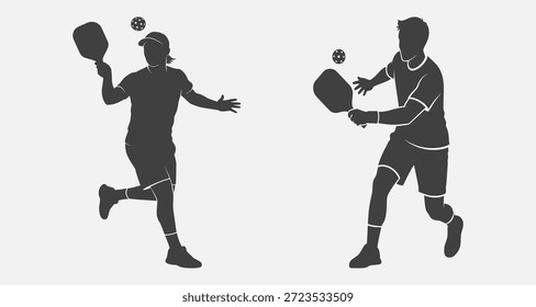 Dos hombres jugando al pickleball, golpeando y devolviendo la pelota con paletas en poses dinámicas.