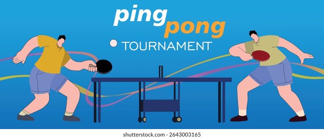 Two men playing ping pong, tournament, championship poster, competition. Banner, flat style, tennis sport club, hobby, table tennis training