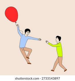Two men are playing with a red balloon. One man is holding the balloon and the other is trying to catch it. Scene is playful and lighthearted
