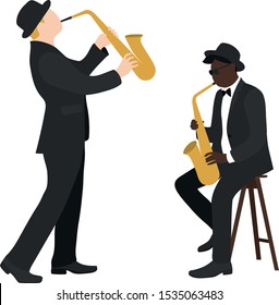 Two men playing saxphone. Flat vector illustration