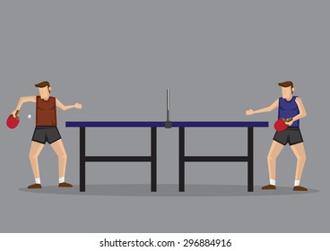 Two Men Playing Table Tennis In Side View. Vector Cartoon Illustration Isolated On Grey Background.