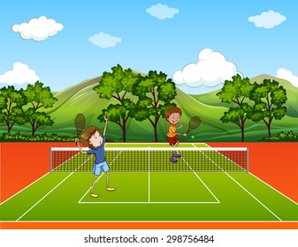 Two men playing tennis at the court