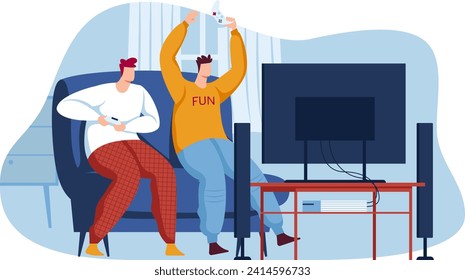 Two men playing video games in living room. One sits with a controller, the other stands excitedly. Friends gaming and having fun together vector illustration.