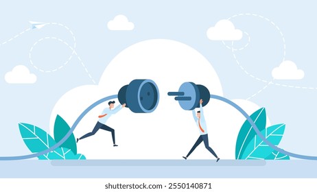 Dos hombres conectan una toma de corriente. Cable, cable de desconexión de energía. Toma eléctrica con enchufe. Concepto de conexión y desconexión. Concepto de conexión de error 404. Ilustración vectorial