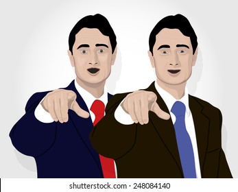 Two men point forward forefingers dressed in jackets and ties. Faces elaborated. Leaders, managers, top, orator, directors. Nonverbal question. infograph, Vector. Icon.