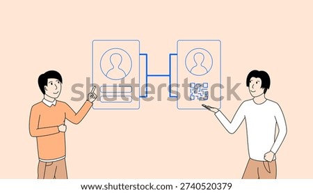 Two men are pointing at a screen with a diagram of two people and a QR code. Concept of two people sharing information or discussing something important. Scene is serious and focused