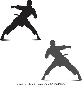Dos hombres practicando la silueta de la lucha del karate, dos hombres luchadores del karate en un partido