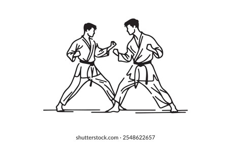 Dos hombres practicando Karate línea de diseño de arte